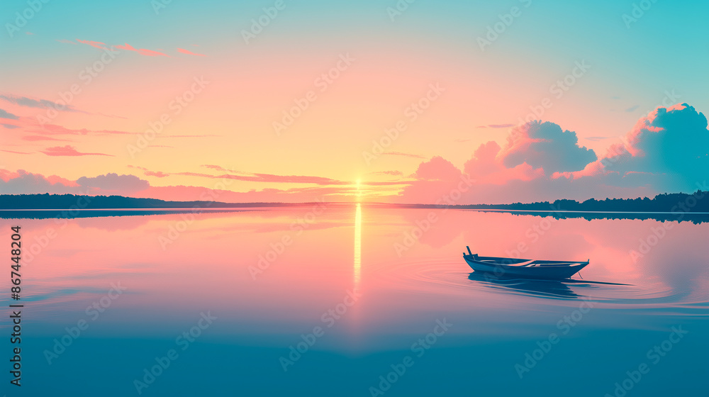 Boat Drifting on a Tranquil Lake at Sunset Boat Drifting on a Tranquil Lake at Sunset