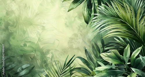 Lush Green Tropical Leaves Watercolor Illustration