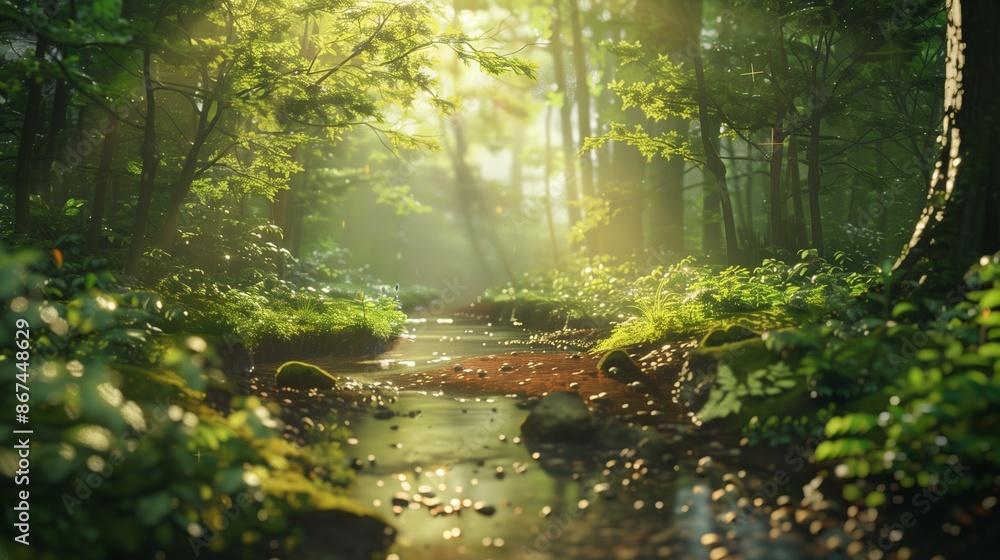 A tranquil forest clearing with a small stream and sunlight. A tranquil forest clearing with a small stream and sunlight.