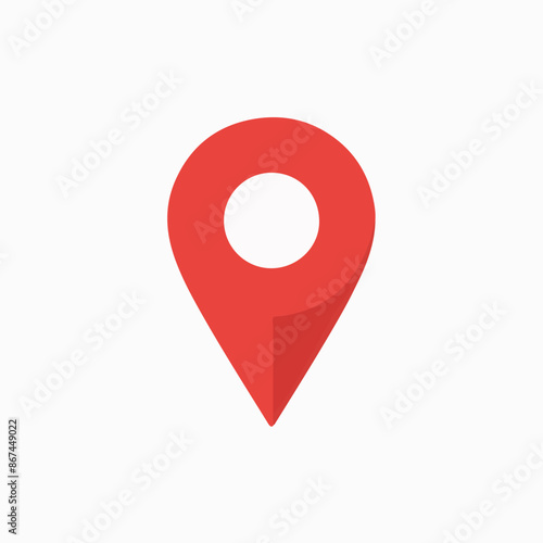 A red location pin icon. The pin is designed with a rounded top, resembling a location marker, and a pointed bottom, indicating direction. It is set against a white background, making the red color