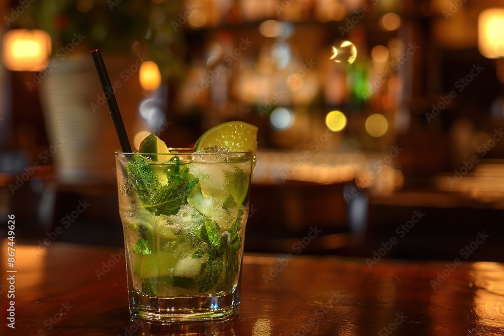 Classic Mojito with Mint and Lime Served in a Bar Classic Mojito with Mint and Lime Served in a Bar