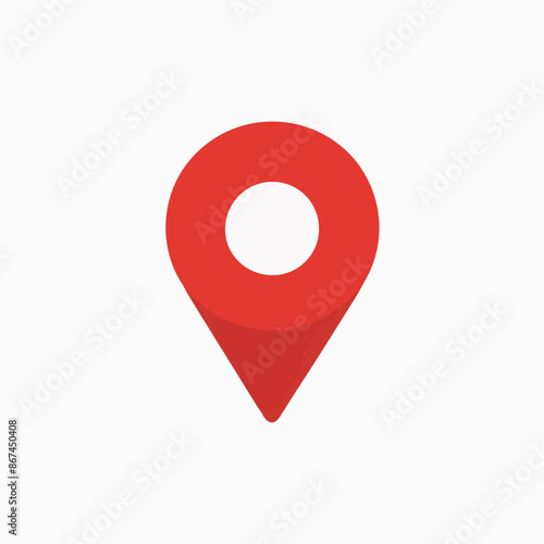 A red location pin icon. The pin is designed with a rounded top, resembling a location marker, and a pointed bottom, indicating direction. It is set against a white background, making the red color