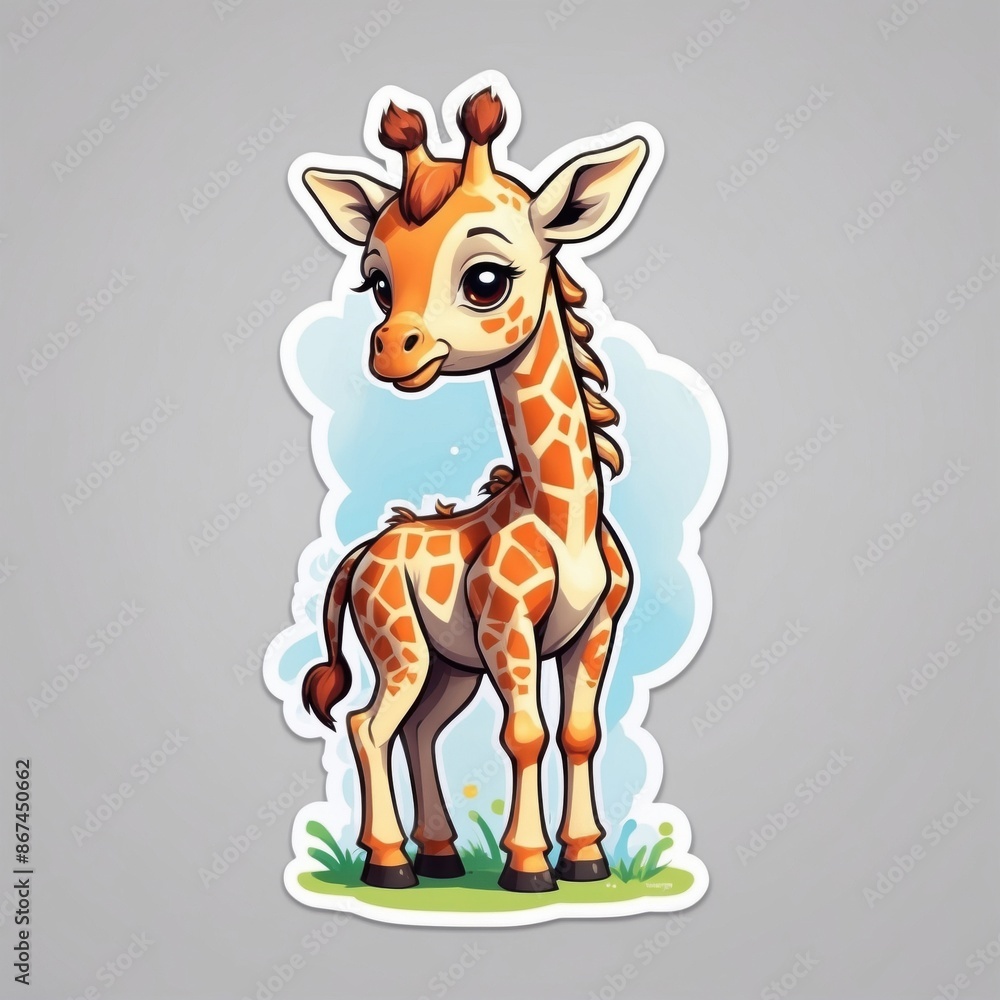 Fototapeta premium Sticker of an adorable baby giraffe in 3D cartoon style with dynamic colors, isolated on a simple background.