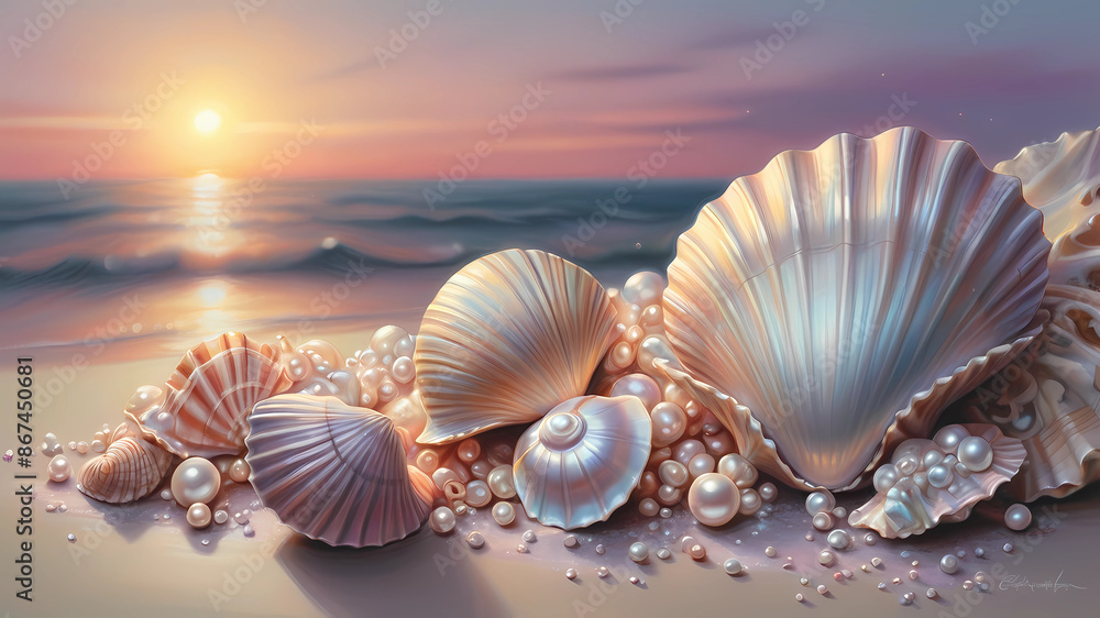 pastel drawing, sea shells, pearls, sparkles, pastel drawing, sunset pastel drawing, sea shells, pearls, sparkles, pastel drawing, sunset