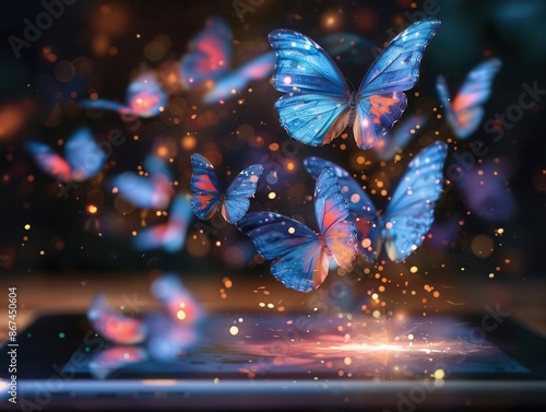 Holographic butterflies emerging from a tablet screen