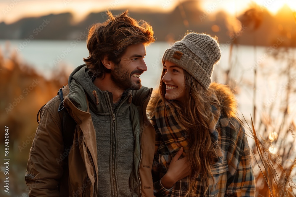 Couple Enjoying Sunset Picnic with Dog on Road Trip Couple Enjoying Sunset Picnic with Dog on Road Trip