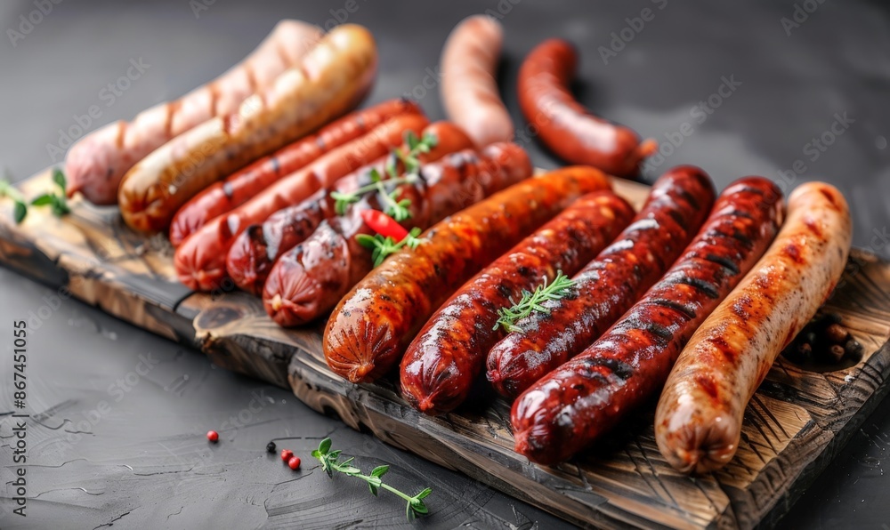 Cured Meats Display: Charcuterie Board with Cured Sausages, Sliced Salami and Grilled Meat Arrangement on Wood Slab Cured Meats Display: Charcuterie Board with Cured Sausages, Sliced Salami and Grilled Meat Arrangement on Wood Slab