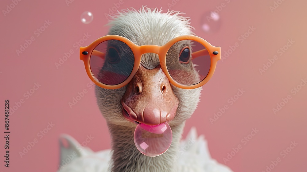 Cute goose in sunglasses blowing bubble gum with copy space, 3d photo Cute goose in sunglasses blowing bubble gum with copy space, 3d photo