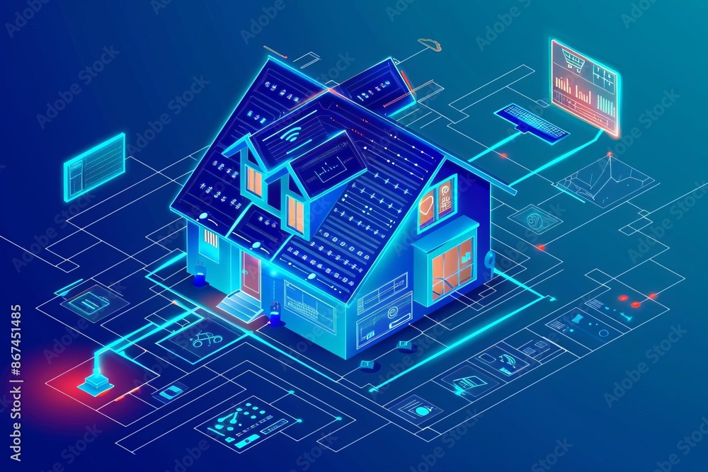Smart home technology tracking daily routines, front view, emphasizing IoT in behavior research, digital tone, Splitcomplementary color scheme Smart home technology tracking daily routines, front view, emphasizing IoT in behavior research, digital tone, Splitcomplementary color scheme