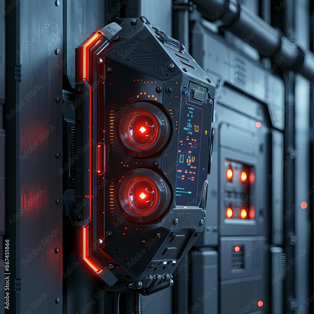 Futuristic cyberpunk technology device with glowing red lights on a sleek, modern metal surface in a high-tech environment. Futuristic cyberpunk technology device with glowing red lights on a sleek, modern metal surface in a high-tech environment.