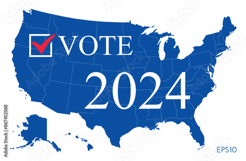 USA 2024 Presidential Election background with US flag colors design and map. Election event banner, card, poster, template, voting communication background. Vote day, November 5. Vector illustration.