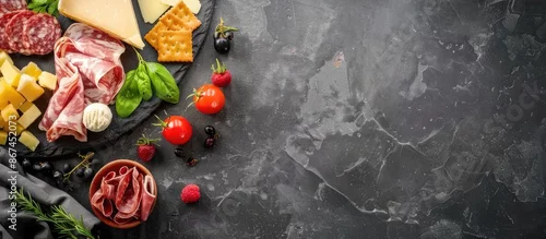 Panel kuchenny z motywem Cheese and meat snack platter on dark slate background with empty space viewed from above.