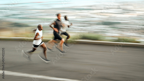 Foto Running, men and team in motion blur for workout, exercise and sport in outdoor for fitness or wellness