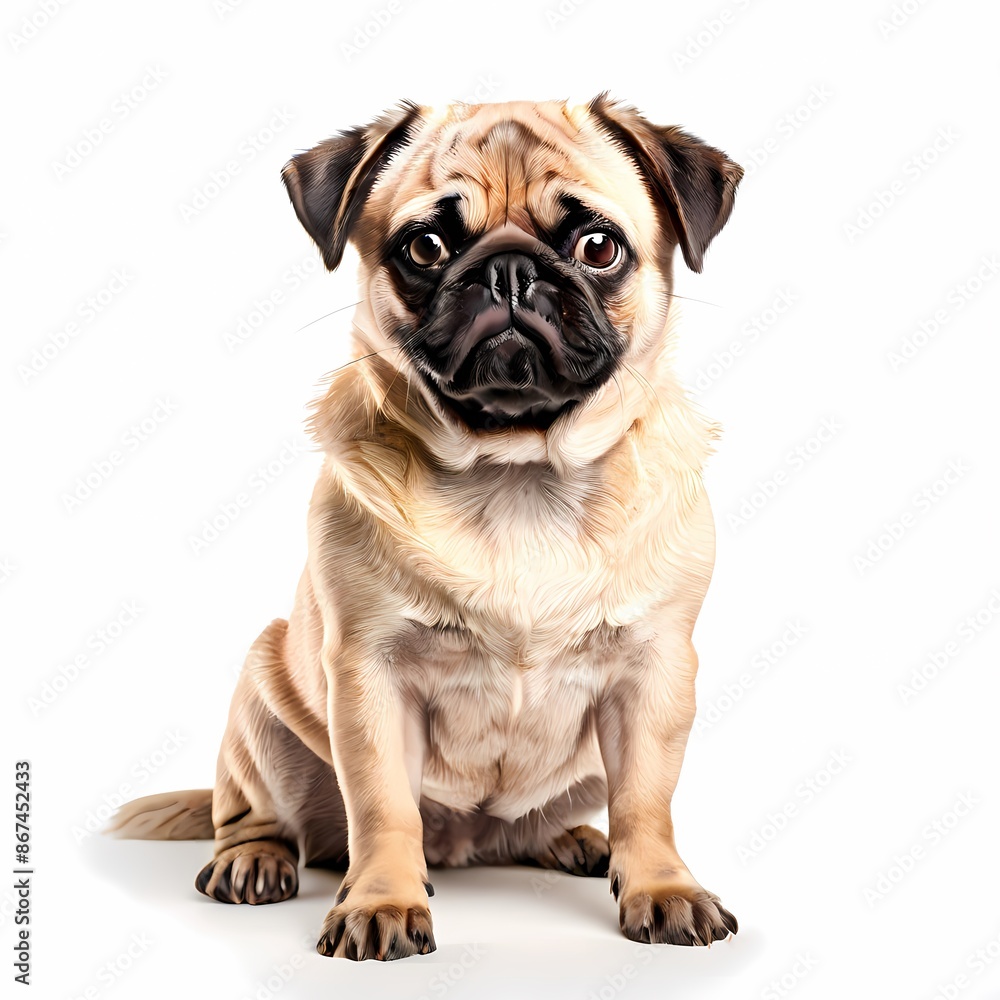 Pug dog breed standing against white background, AI Generated Pug dog breed standing against white background, AI Generated