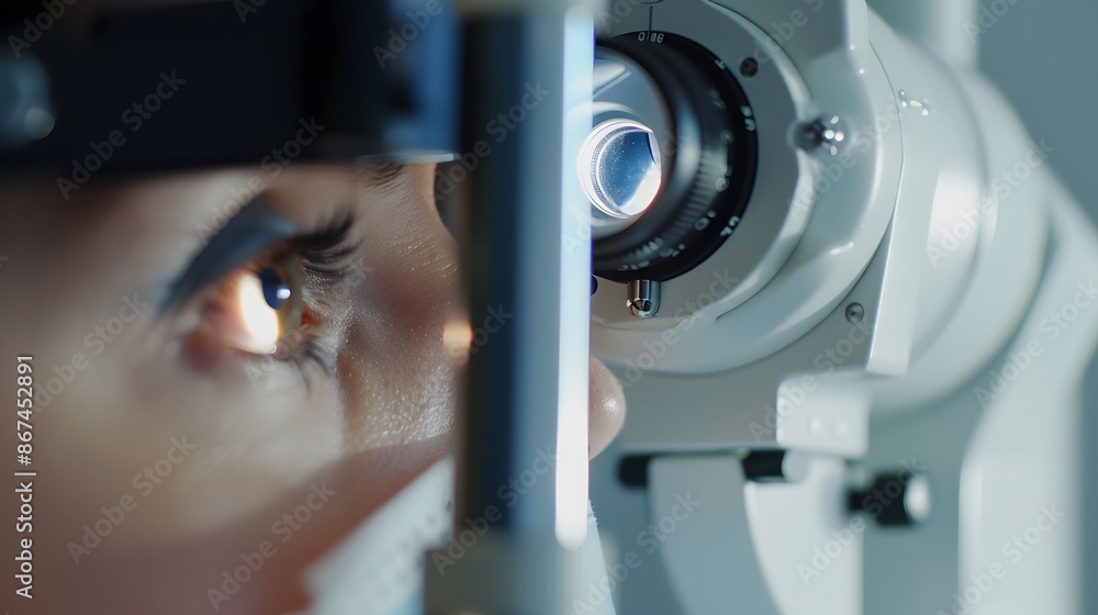 Close-up of a patient's eye being examined with a slit lamp at an optometry clinic Close-up of a patient's eye being examined with a slit lamp at an optometry clinic