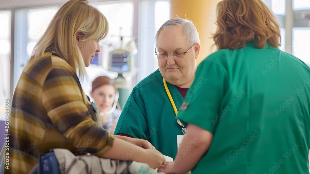 Obraz premium Medical professionals collaborating during patient care in a hospital setting.