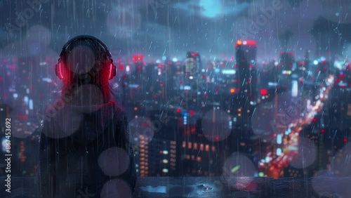 Music anime girl headphones standing alone on a roof in a hoodie with city night lights in the background, illustration lofi lo-fi hip hop music, seamless loop, 4k