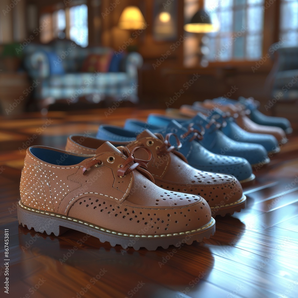 Row of brown and blue formal shoes on a wooden floor in a cozy room Row of brown and blue formal shoes on a wooden floor in a cozy room