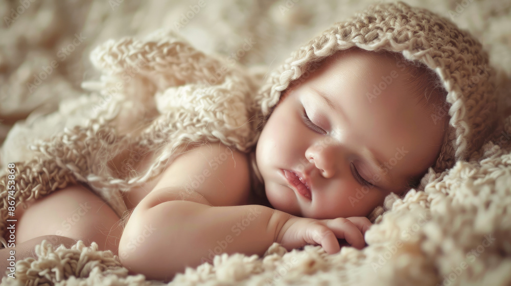 A sleeping baby is snuggled under a soft, knitted blanket. The scene exudes tranquility and warmth, capturing the serene innocence of the infant. A sleeping baby is snuggled under a soft, knitted blanket. The scene exudes tranquility and warmth, capturing the serene innocence of the infant.