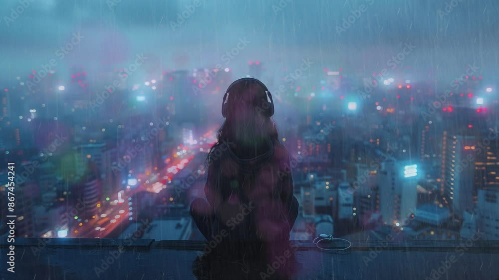 Background music, lofi anime girl headphones standing alone on a roof in a hoodie with city night lights in the background, illustration lofi lo-fi hip hop music, 4K, seamless looping video animation Background music, lofi anime girl headphones standing alone on a roof in a hoodie with city night lights in the background, illustration lofi lo-fi hip hop music, 4K, seamless looping video animation