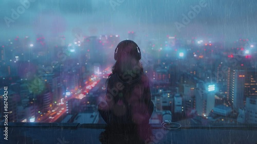 Background music, lofi anime girl headphones standing alone on a roof in a hoodie with city night lights in the background, illustration lofi lo-fi hip hop music, 4K, seamless looping video animation