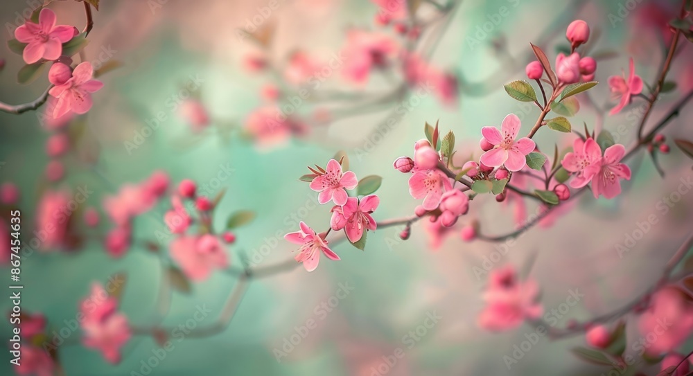 Charming Blossoms: Serene Springtime Scenery with Soft Pink Blossoms Against a Soothing Green Backdrop Charming Blossoms: Serene Springtime Scenery with Soft Pink Blossoms Against a Soothing Green Backdrop