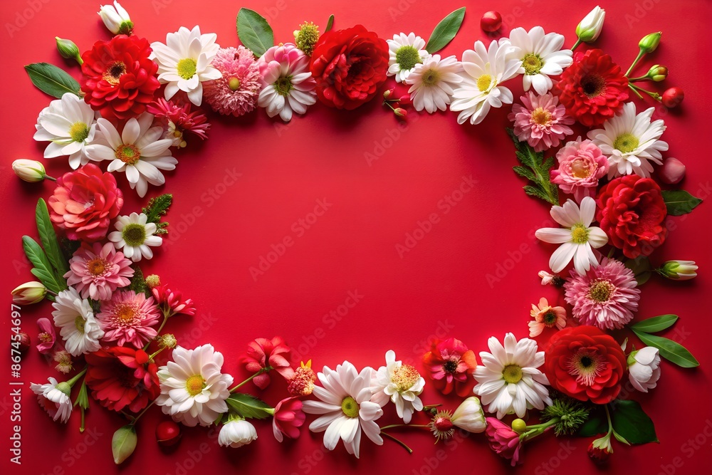 A frame made of red and white flowers on a red background A frame made of red and white flowers on a red background
