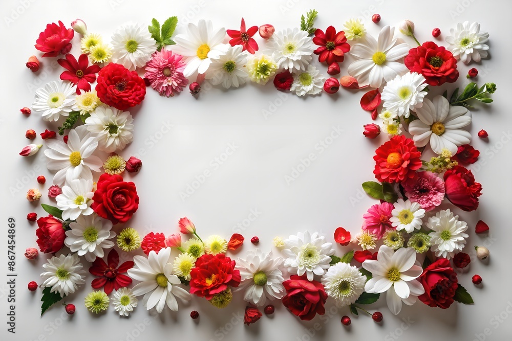 A frame made of red and white flowers on a white background A frame made of red and white flowers on a white background