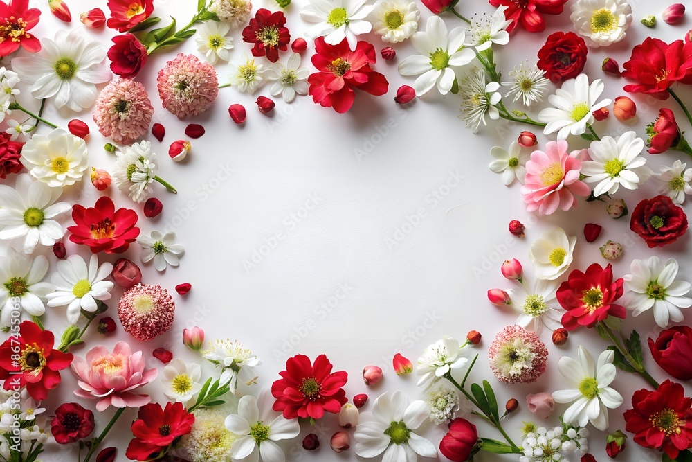 A frame made of red and white flowers on a white background A frame made of red and white flowers on a white background