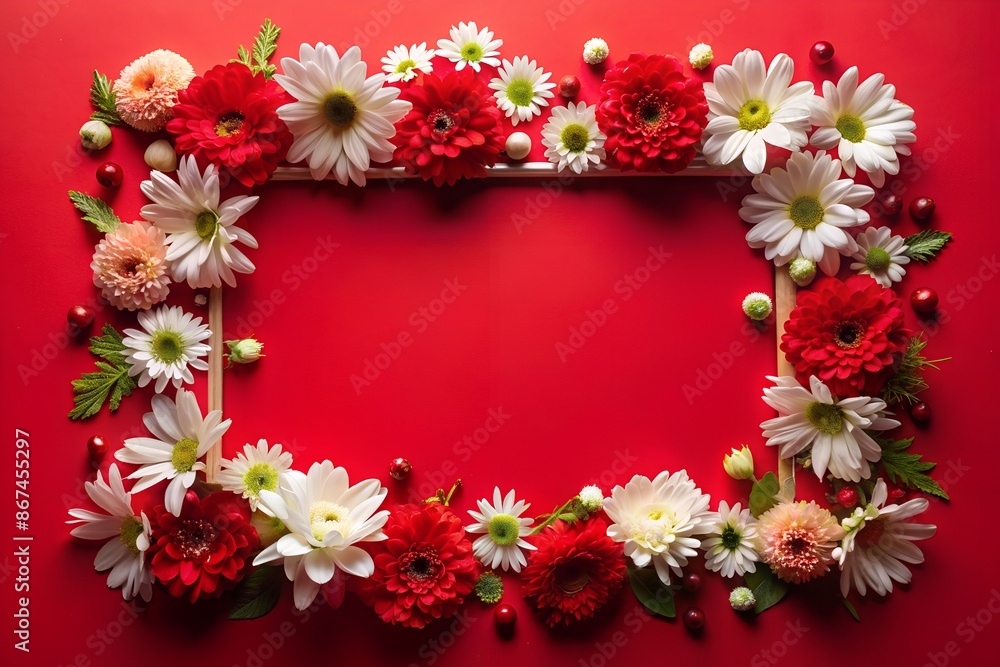 Fototapeta premium A frame made of red and white flowers on a red background