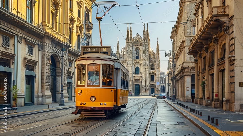 Obraz premium Iconic yellow tram slowly moving through an elegant city street under the watchful eye of a grand cathedral, demonstrating architectural beauty on a clear day.