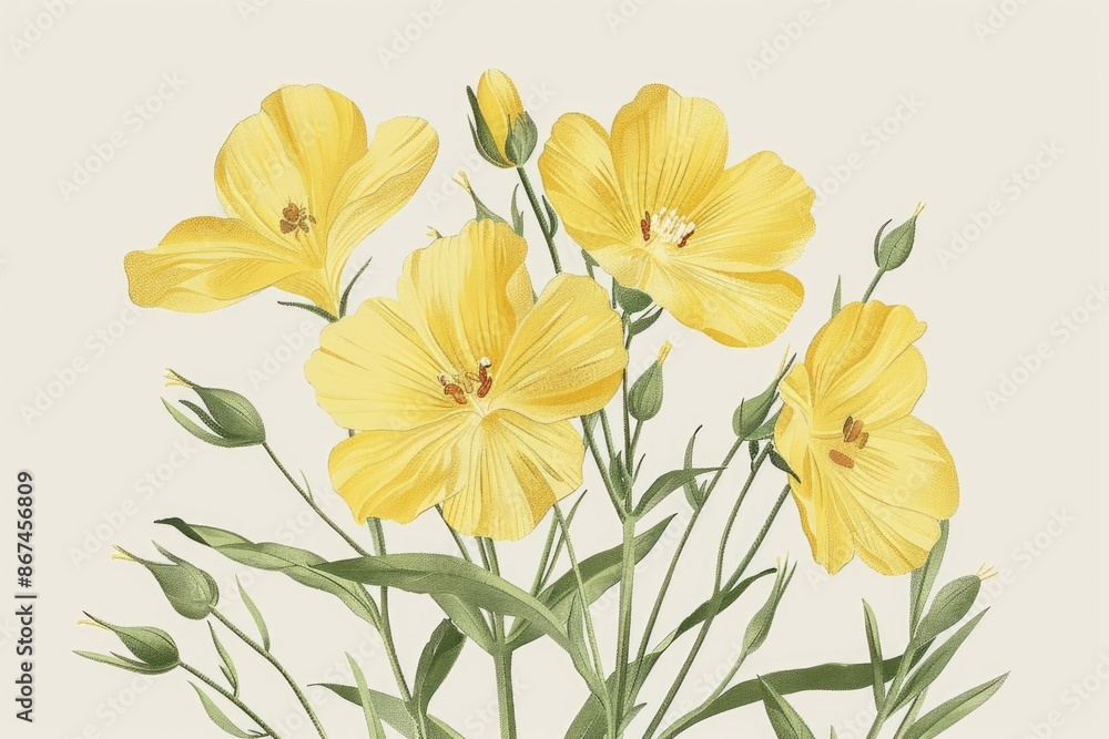 Vibrant Botanical Illustration of Evening Primrose Flowers - Perfect for Naturistic Design, Posters, and Print Vibrant Botanical Illustration of Evening Primrose Flowers - Perfect for Naturistic Design, Posters, and Print