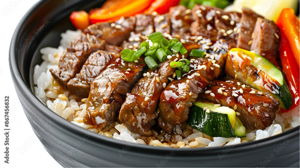 A beef teriyaki bowl elegantly displayed, featuring tender grilled beef slices atop a bed of rice with colorful vegetables, richly coated in teriyaki glaze, on a transparent background A beef teriyaki bowl elegantly displayed, featuring tender grilled beef slices atop a bed of rice with colorful vegetables, richly coated in teriyaki glaze, on a transparent background