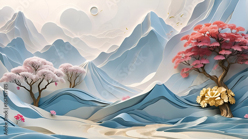 Modern sakura tree and mountain 3d relief mural wallpaper.