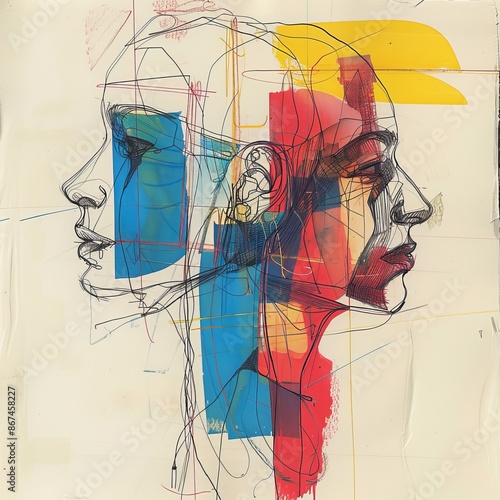 An abstract artwork depicts overlapping profiles of two individuals, rendered in bright line art with intersecting geometric shapes and colors.