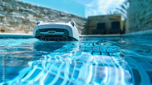 An advanced robotic pool cleaner efficiently cleaning a crystal-clear, blue swimming pool, showcasing automation and modern technology in home maintenance. photo