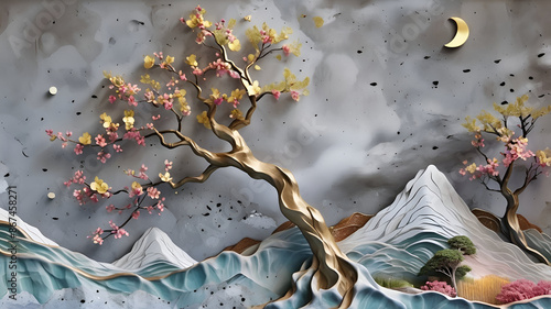 Modern sakura tree and mountain 3d relief mural wallpaper.