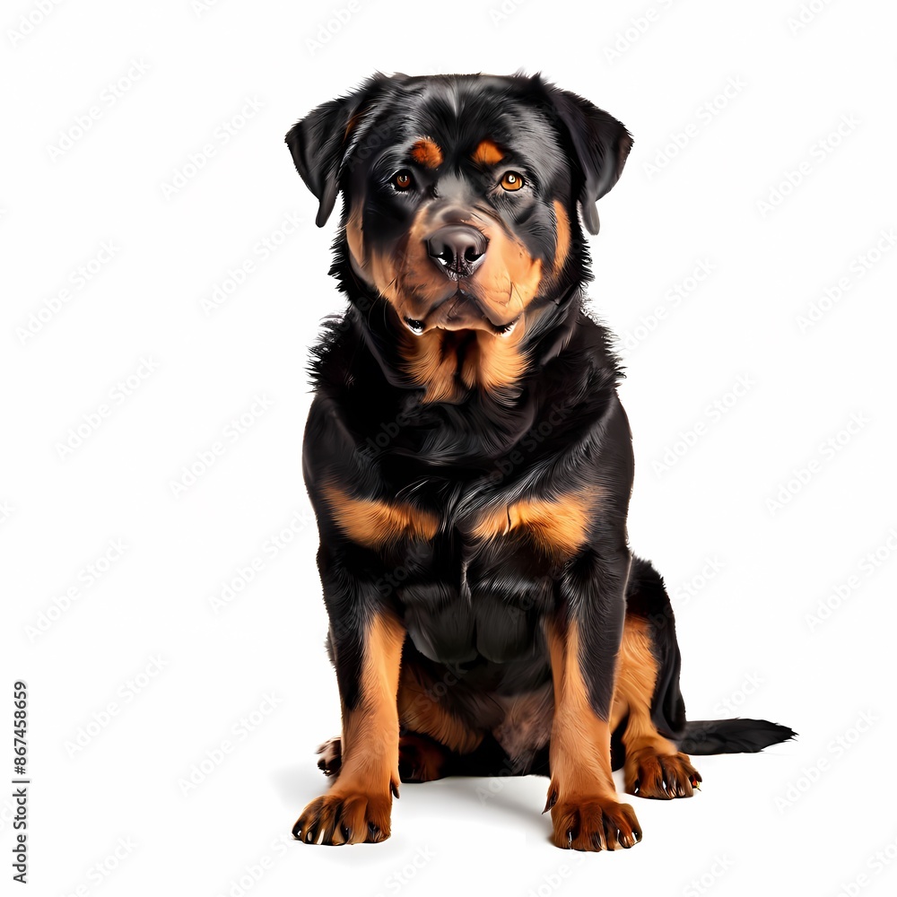 Rottweiler dog breed standing against white background, Ai Generated Rottweiler dog breed standing against white background, Ai Generated