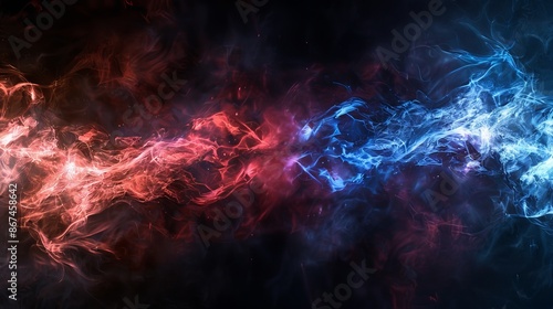 A powerful visual representation of dynamic energy, with vibrant red and blue waves clashing and intertwining against a dark, smoky backdrop indicating movement and intensity.