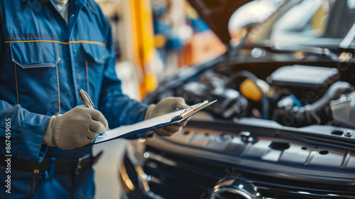 Modern auto repair scene with a technician checking a vehicle photo