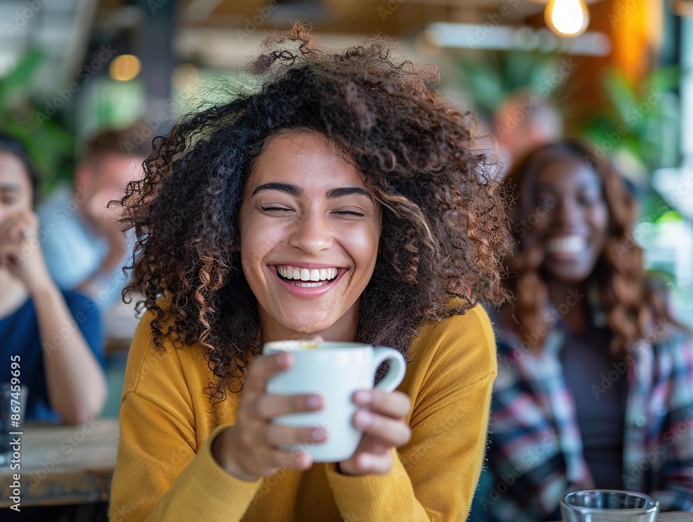 A diverse group of friends laughing and enjoying coffee together in an office cafe. Focus on a woman with curly hair holding a mug while sitting at the table. Vibrant social interaction in a modern A diverse group of friends laughing and enjoying coffee together in an office cafe. Focus on a woman with curly hair holding a mug while sitting at the table. Vibrant social interaction in a modern