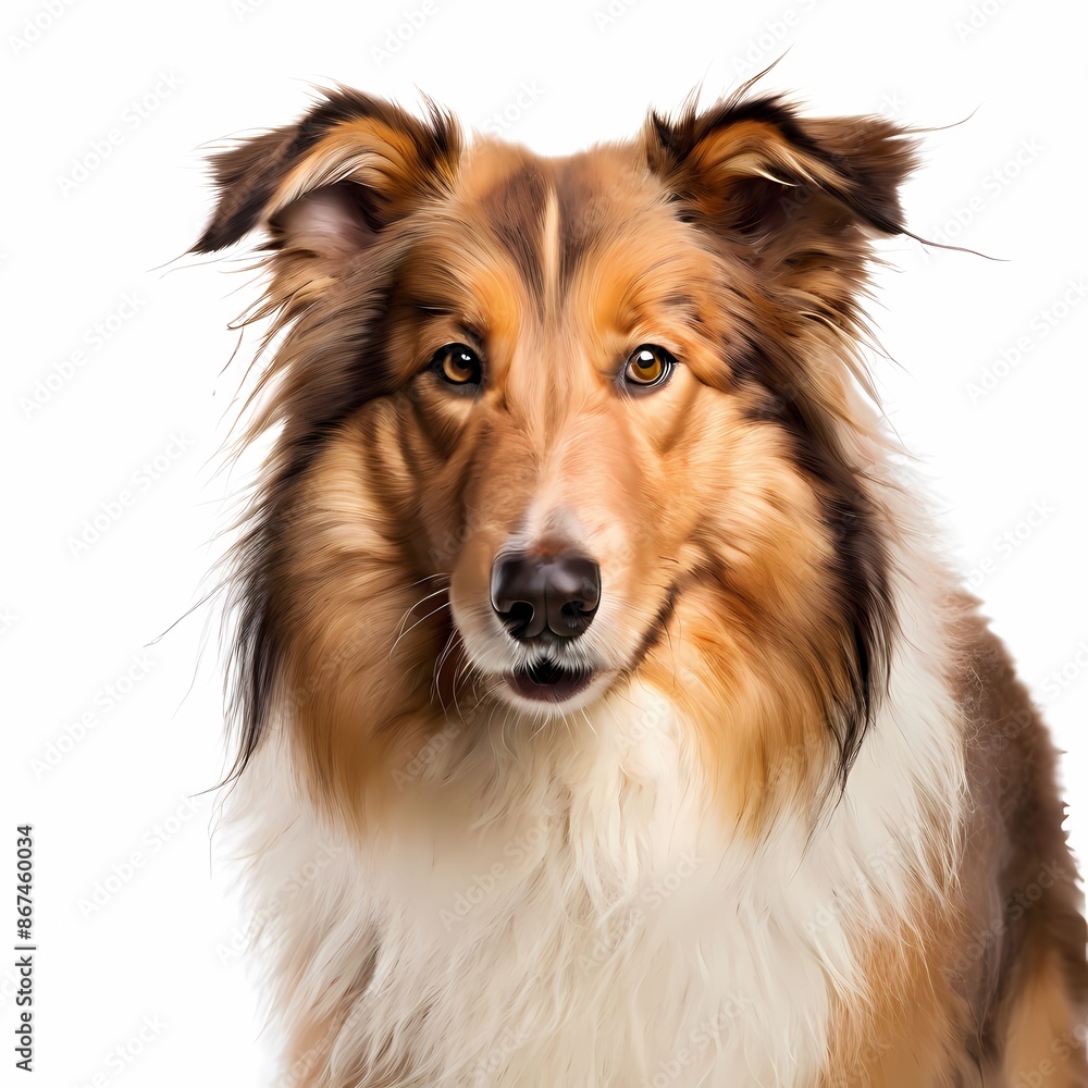 Rough collie dog breed standing against white background, AI Generated Rough collie dog breed standing against white background, AI Generated