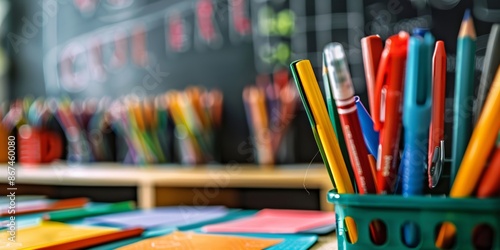 Close-up of a colorful assortment of pencils, pens, and markers on a desk in a classroom. Banner with copy space