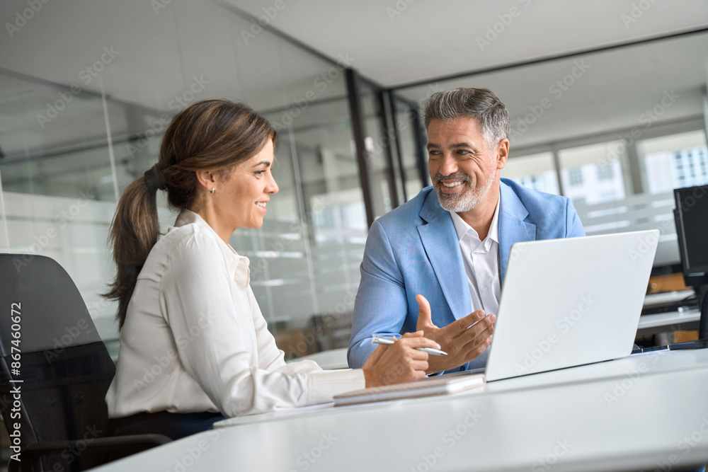 Professional bank manager consulting company client on financial taxes. Two middle aged professional executives team business people working together on laptop computer at office corporate meeting. Professional bank manager consulting company client on financial taxes. Two middle aged professional executives team business people working together on laptop computer at office corporate meeting.