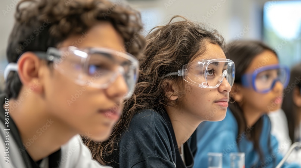 A group of students, wearing safety goggles, observe an experiment in a science lab. A group of students, wearing safety goggles, observe an experiment in a science lab.
