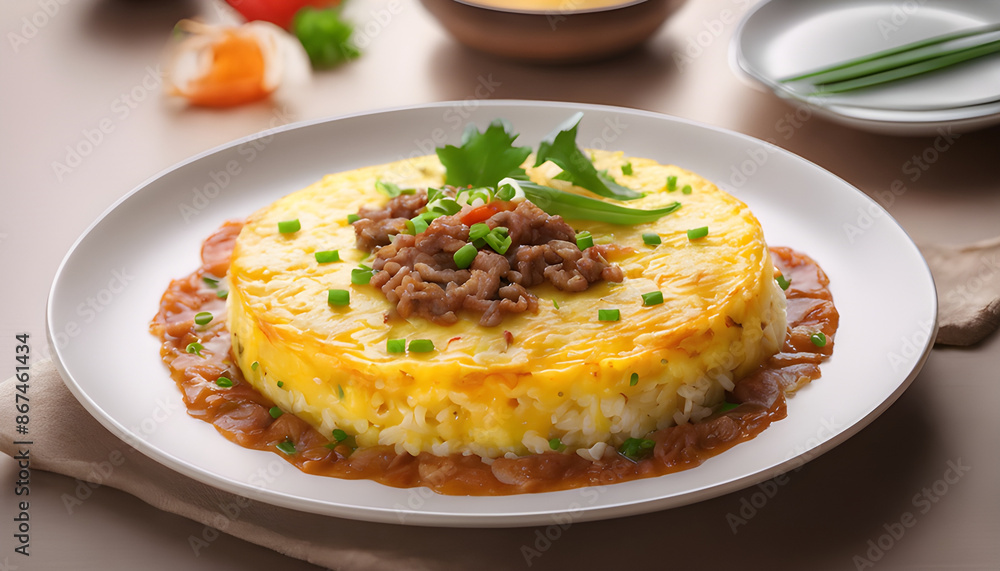 Delicious Rice Omelette with Minced Pork in Fine Dining Restaurant Delicious Rice Omelette with Minced Pork in Fine Dining Restaurant