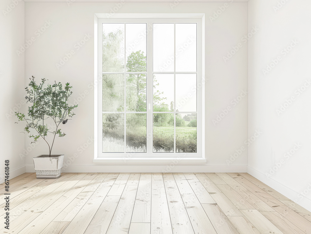 Property interiors composition with a big window providing natural lighting to a room with minimal furniture. Minimalist residential realty interiors. Property interiors composition with a big window providing natural lighting to a room with minimal furniture. Minimalist residential realty interiors.