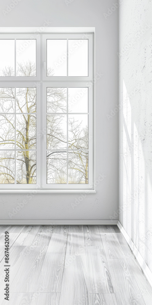 Property interiors composition with a big window providing natural lighting to a room with minimal furniture. Minimalist residential realty interiors. Property interiors composition with a big window providing natural lighting to a room with minimal furniture. Minimalist residential realty interiors.