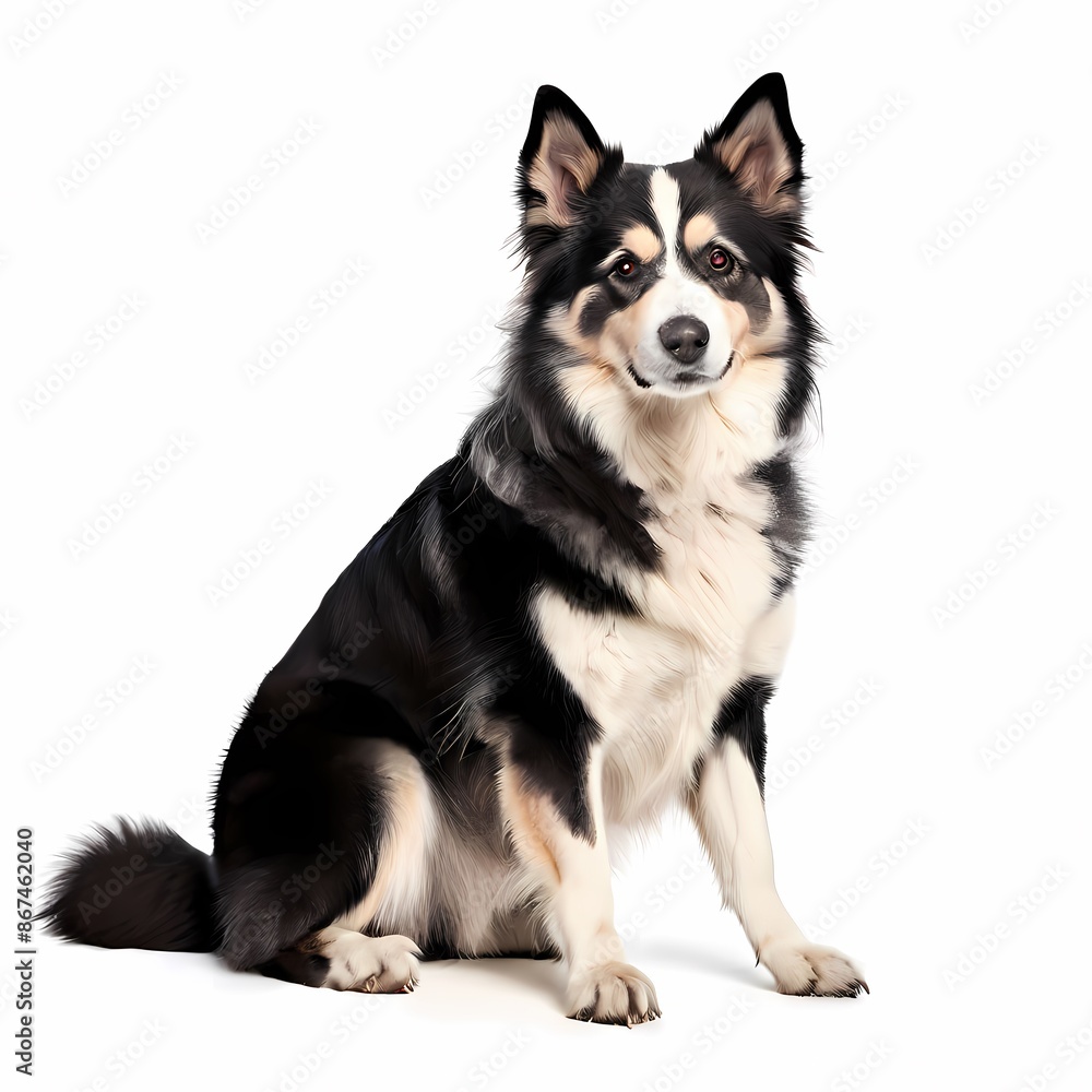 Russo european laika dog breed standing against white background, Ai Generated Russo european laika dog breed standing against white background, Ai Generated