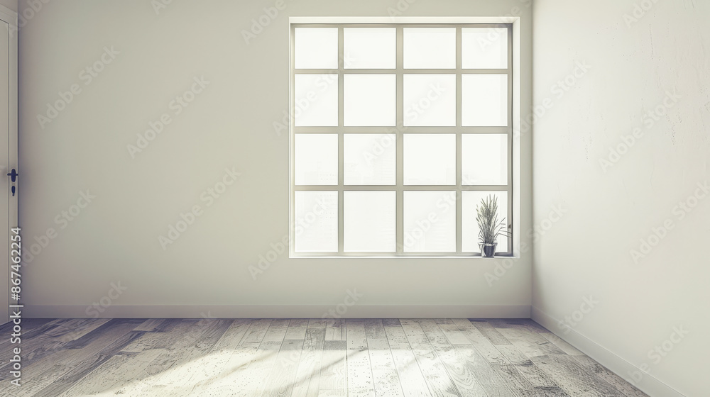 Fototapeta premium Property interiors composition with a big window providing natural lighting to a room with minimal furniture. Minimalist residential realty interiors.